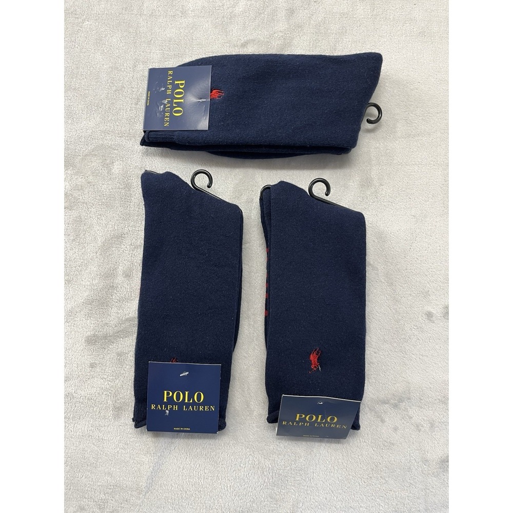 Polo Ralph Lauren 3 Pair Socks Men 10-13 Navy Red Cotton Blend Red Pony Logo